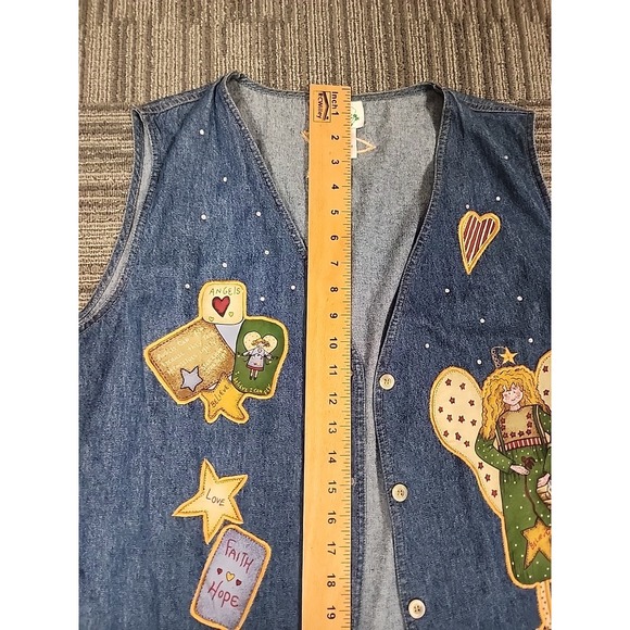 Quacker Factory Women 1X Blue Denim Vest Heart,‎ Angels Faith, Front-Button Down - Picture 10 of 11